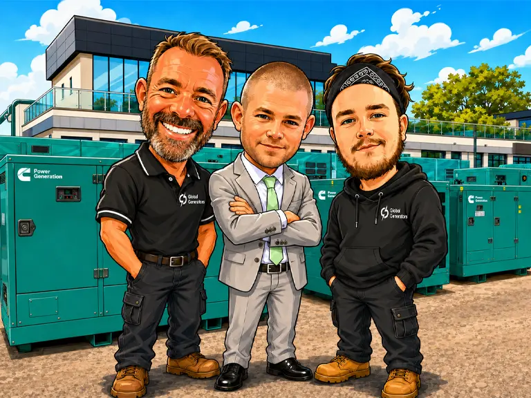 Playful cartoon caricature of the Global Generators team stood in front of a collection of Cummins Power Generation diesel generators