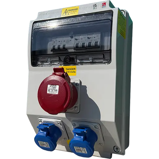 Famatel generator socket box featuring 1 x 32 Amp 3 phase 415V socket and 2 x 16 Amp single phase 240V sockets