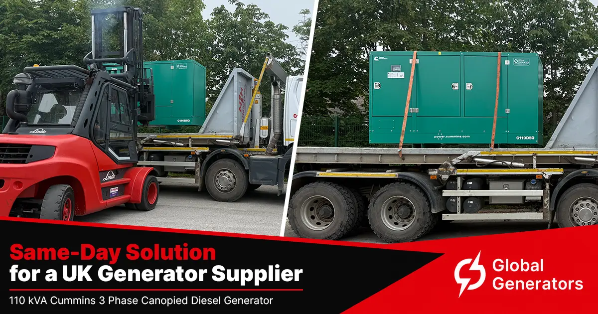 A Cummins C110D5Q 110kVA 3 phase silent canopied diesel generator set loaded on transport being collected by another UK generator supplier