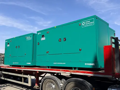 3 Cummins C110D5Q 110kVA 3 phase silent canopied diesel generator sets loaded for delivery to a bespoke automated packaging systems manufacturer in Wales, UK