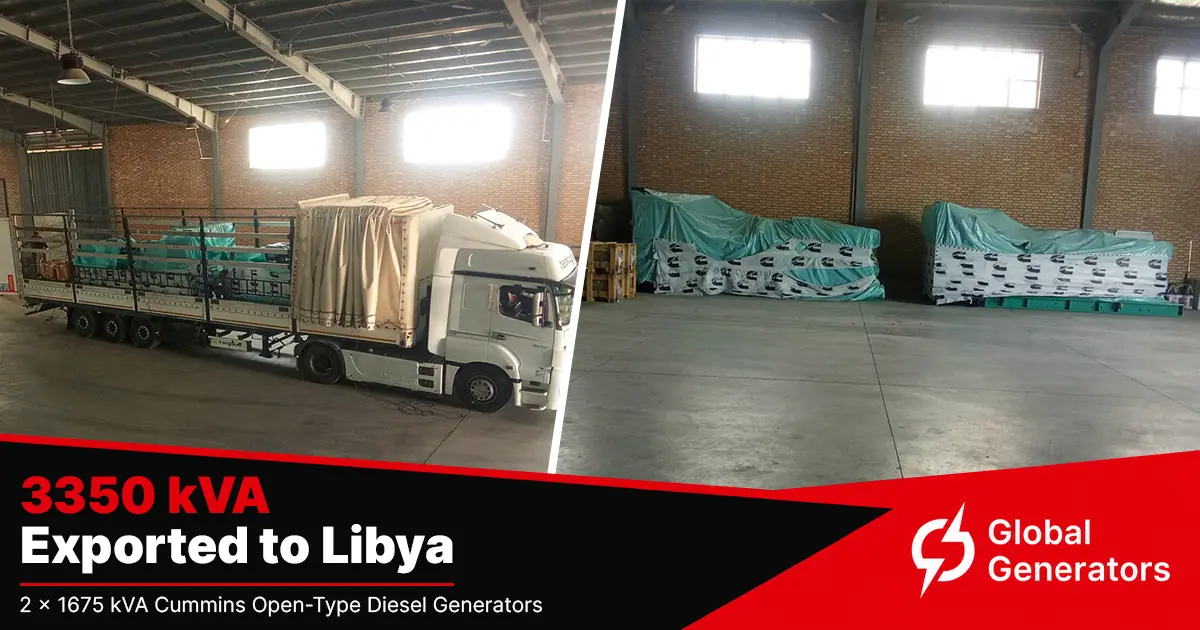 2 Cummins C1675D5A 1675kVA 3 phase open-type diesel generator sets arriving at the storage facility in Libya, North Africa
