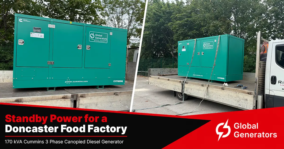 A Cummins 170kVA silent diesel generator loaded on transport for delivery to a major UK food manufacturer in Doncaster, UK