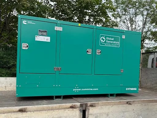 A Cummins 170kVA silent diesel generator loaded on transport for delivery to a major UK food manufacturer in Doncaster, UK