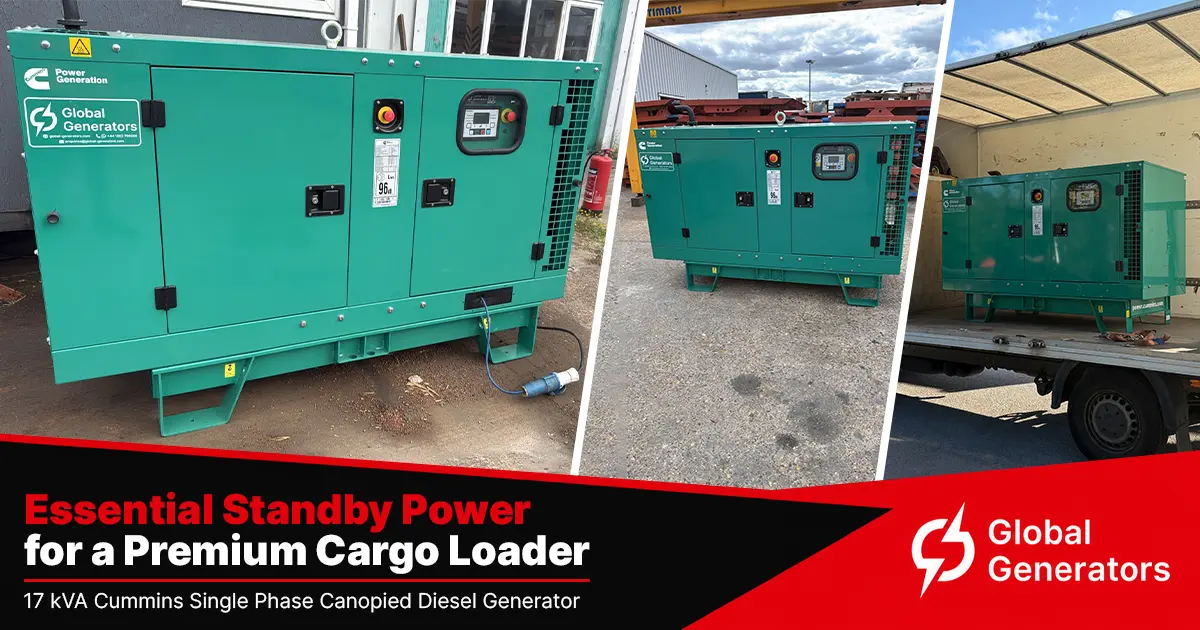 A Cummins C22D5-1P 17kVA single phase silent canopied diesel generator on-site at a UK premium cargo loader's main facility providing essential standby power