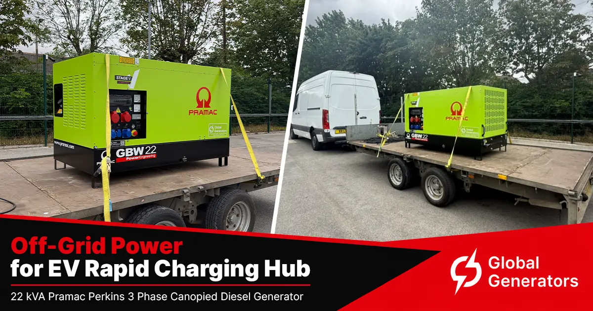 A Pramac GBW22P 20kVA Perkins diesel generator loaded ready for delivery to a padel club in Manchester, UK for their new EV rapid charging hub