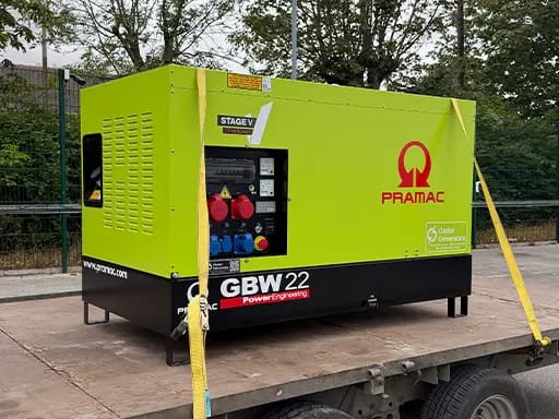 A Pramac GBW22P 20kVA Perkins diesel generator loaded ready for delivery to a padel club in Manchester, UK for their new EV rapid charging hub