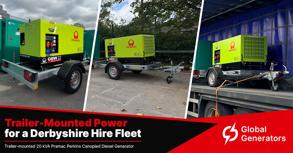 A trailer-mounted Pramac GBW22P 20kVA Perkins Stage V silent canopied diesel generator loaded on a lorry ready for delivery to a tool and construction equipment hire company in Derbyshire, UK