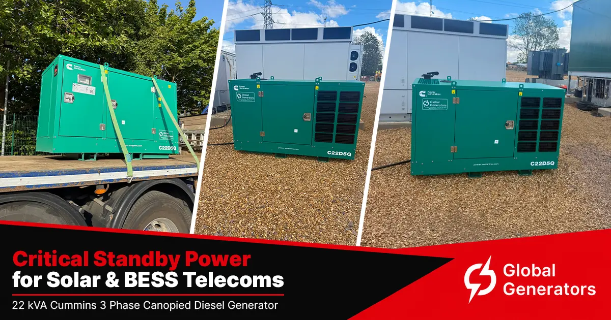 A Cummins C22D5Q 22kVA 3 phase silent canopied diesel generator on-site at a new solar & BESS facility under construction in Hertfordshire, UK to power the site's critical telecoms infrastructure