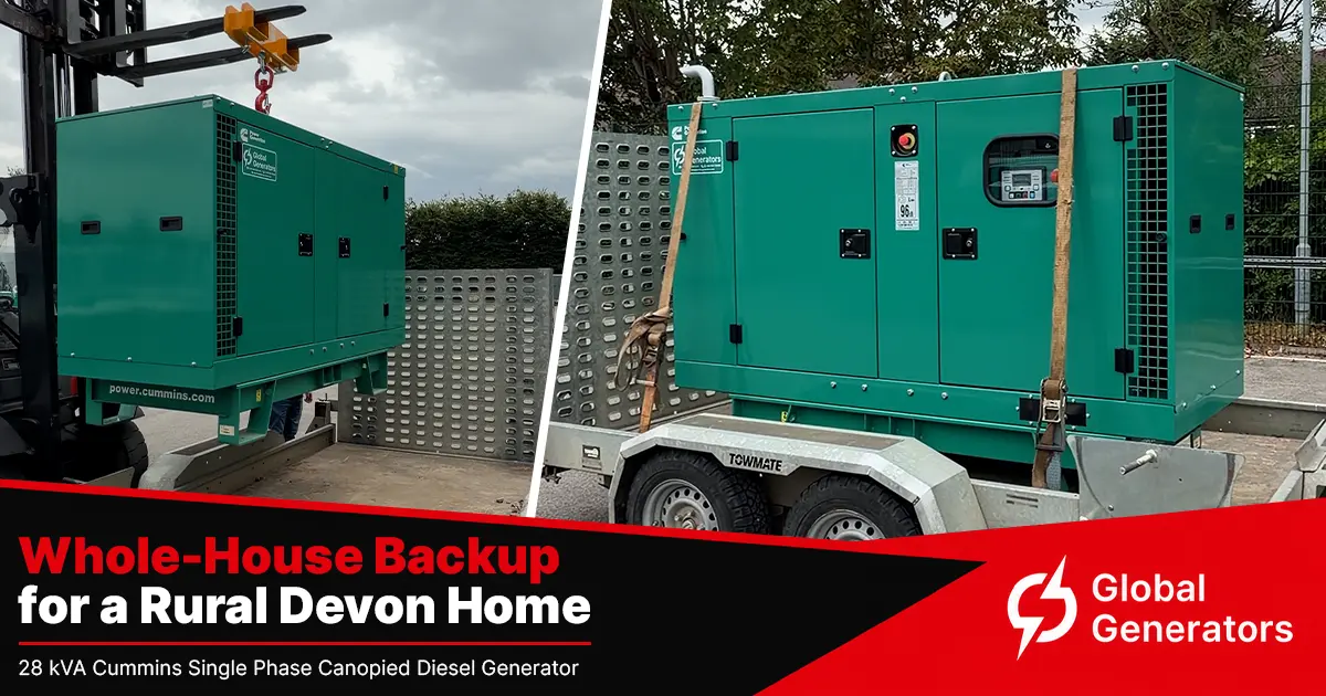 A Cummins C33D5-1P 28kVA single phase silent canopied diesel generator set loaded on a trailer ready for transport to a rural home in Newton Abbot, Devon, UK for whole-house backup power