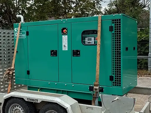 A Cummins C33D5-1P 28kVA single phase silent canopied diesel generator set loaded on a trailer ready for transport to a rural home in Newton Abbot, Devon, UK for whole-house backup power
