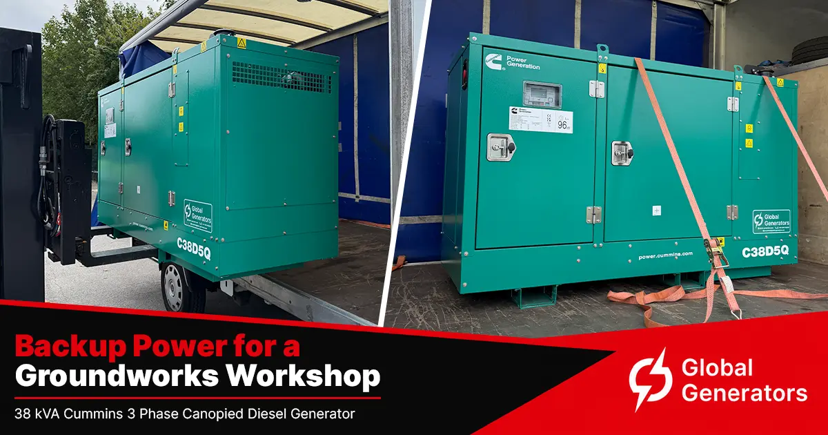 A Cummins C38D5Q 38kVA silent canopied diesel generator set loaded on transport for delivery to a UK groundwork, construction and landscaping company's headquarters and workshop in Buckinghamshire