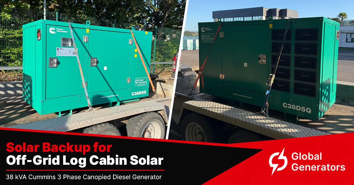 A Cummins C38D5Q 38kVA 3 phase silent canopied diesel generator loaded on a customer’s trailer ready for transport to off-grid solar-powered log cabins in Stoke-on-Trent, Staffordshire, UK