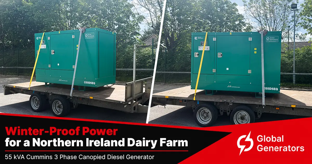 A Cummins C55D5EQ 55kVA 3 phase silent canopied diesel generator supplied from stock as standby power for a dairy farm in Northern Ireland