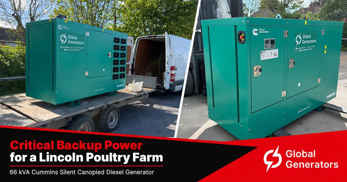 A Cummins C66D5EQ canopied diesel generator loaded on a trailer ready for transport to a Lincoln poultry farm