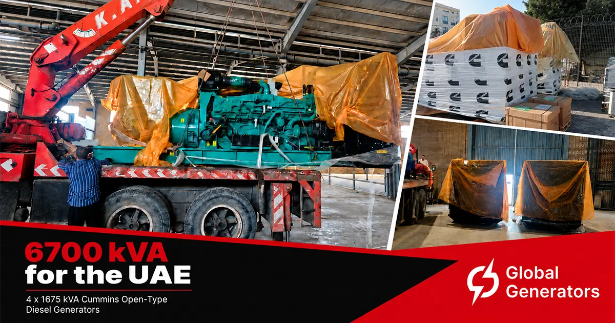 Cummins open-type diesel generators being offloaded into storage after arriving in the UAE